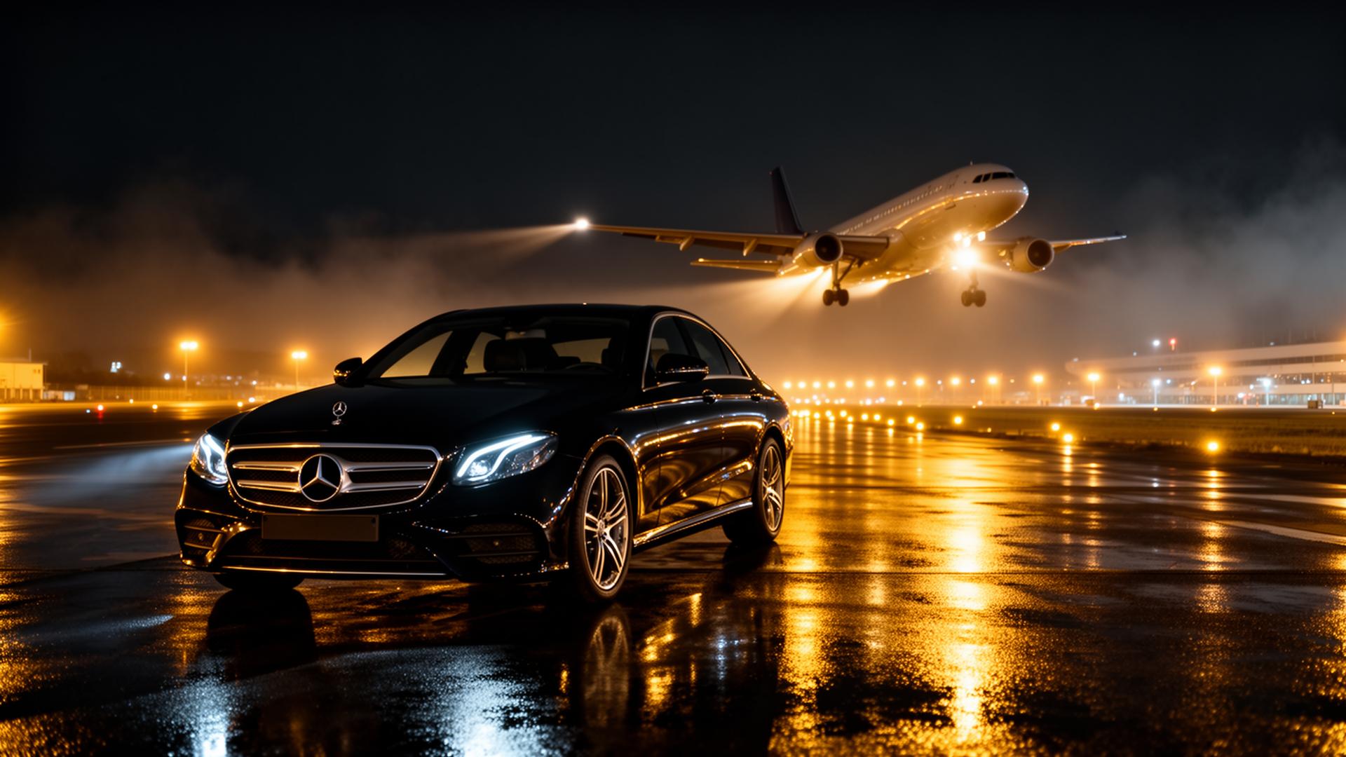 Mercedes E-Class noire à l'aéroport de Lyon Saint-Exupéry la nuit